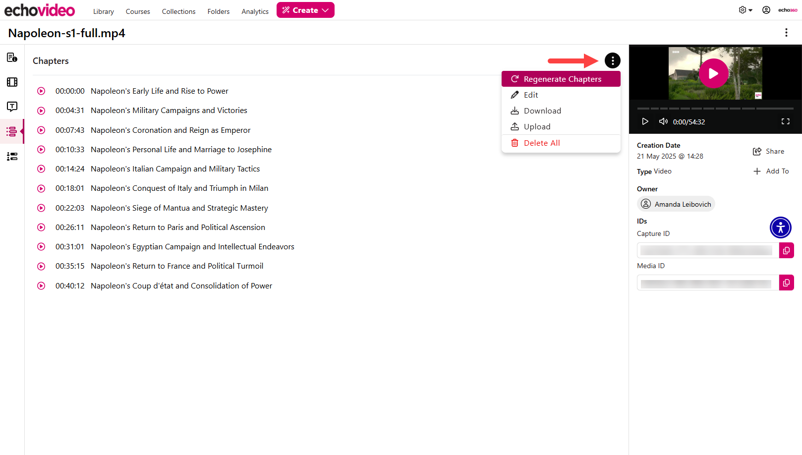Chapters page with vertical action menu expanded and options displayed