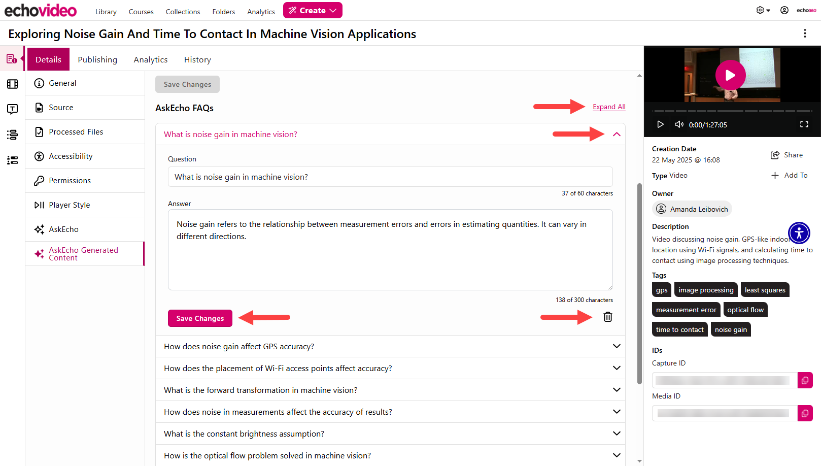 The AskEcho Generated Content tab showing an expanded FAQ summary and the available actions identified