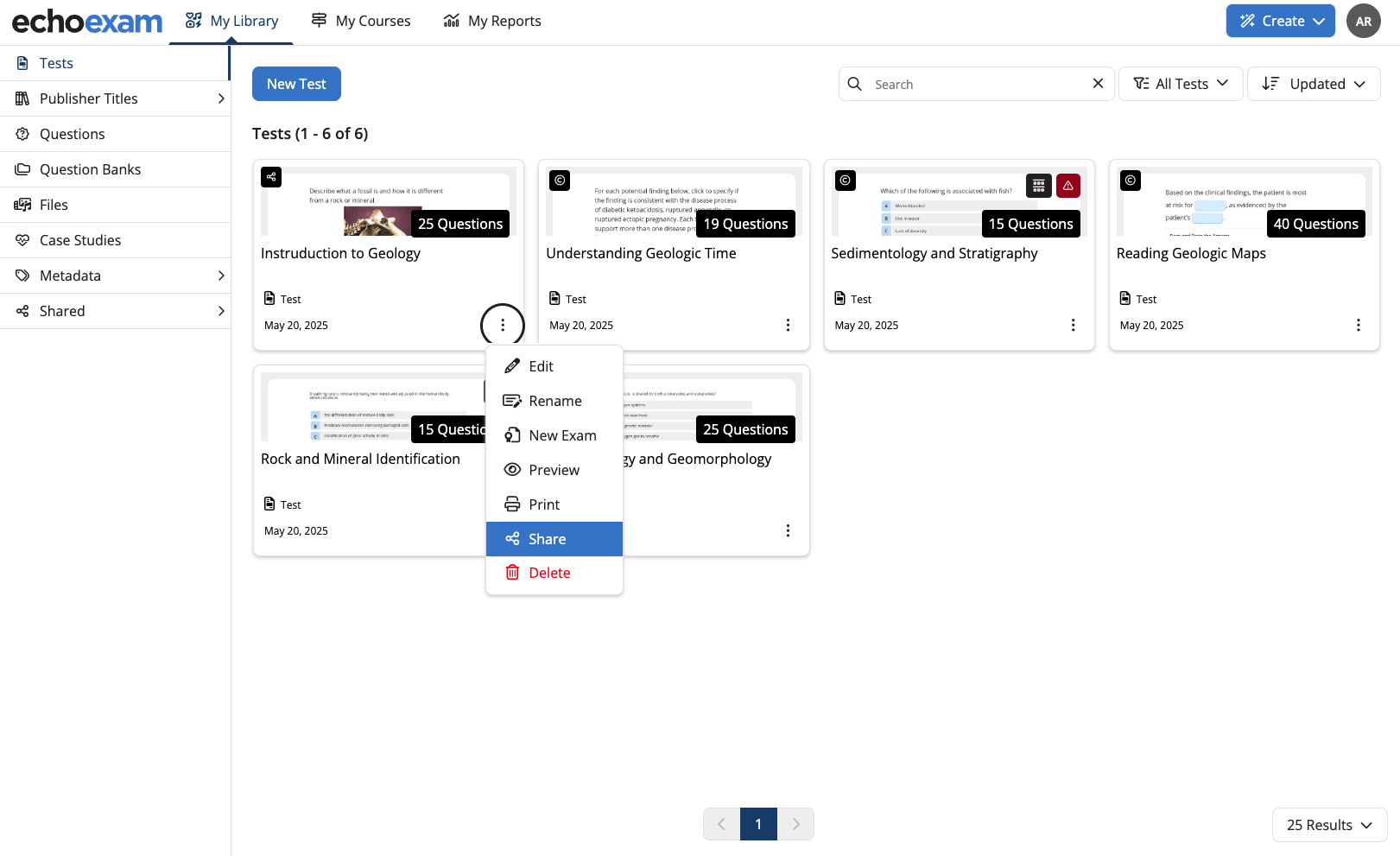 A test with the vertical action menu expanded and the Share options highlighted