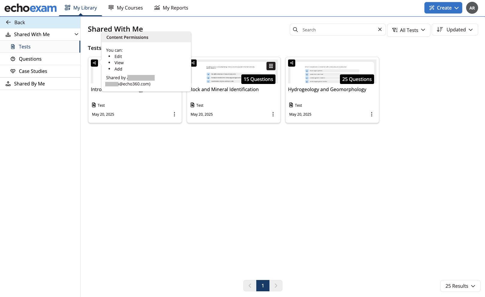 Viewing content shared with an instructor in the Shared With Me section of My Library