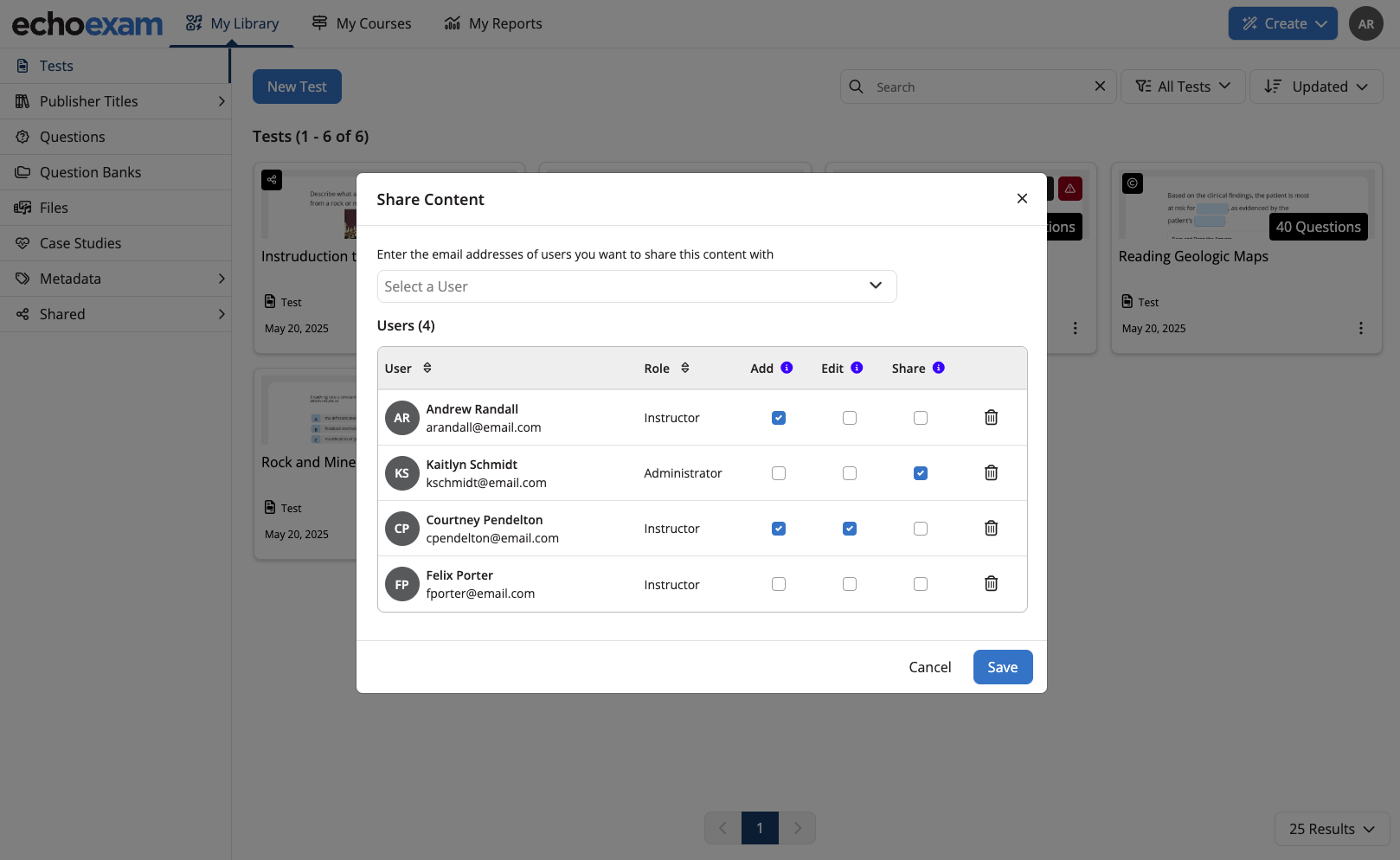 The Share Content modal open with users and their permissions selected