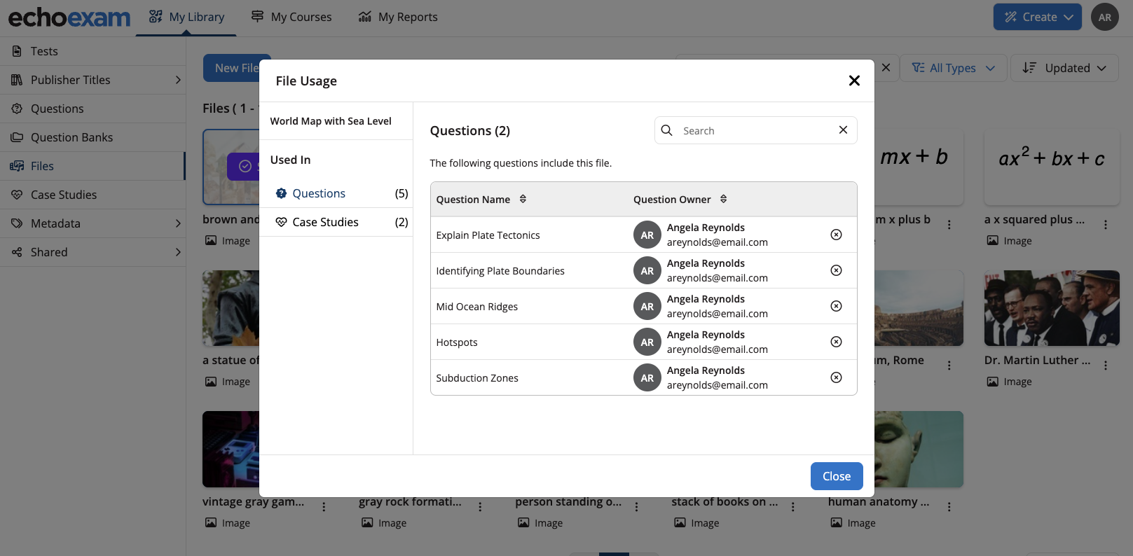 The File Usage modal open with questions and their owners displayed