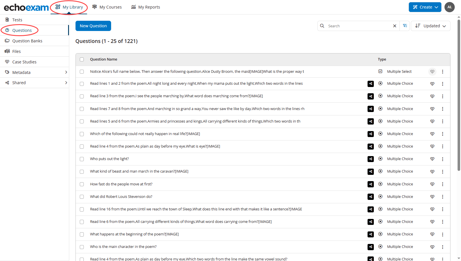 The Questions tab of My Library Questions identified as described