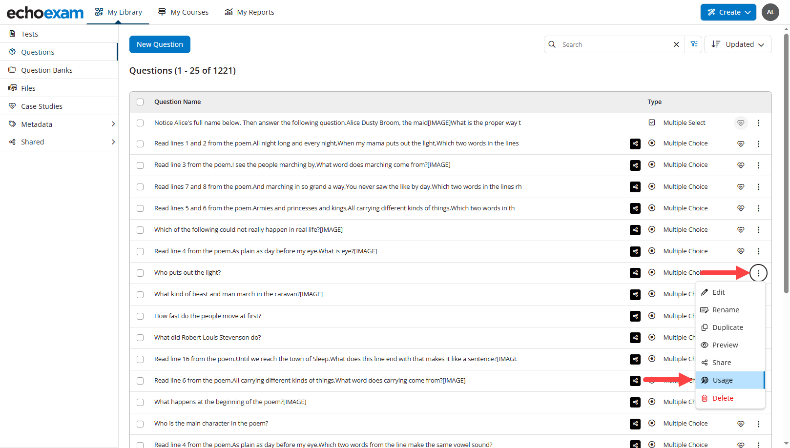 The vertical action menu of a question opened and Usage selected as identified