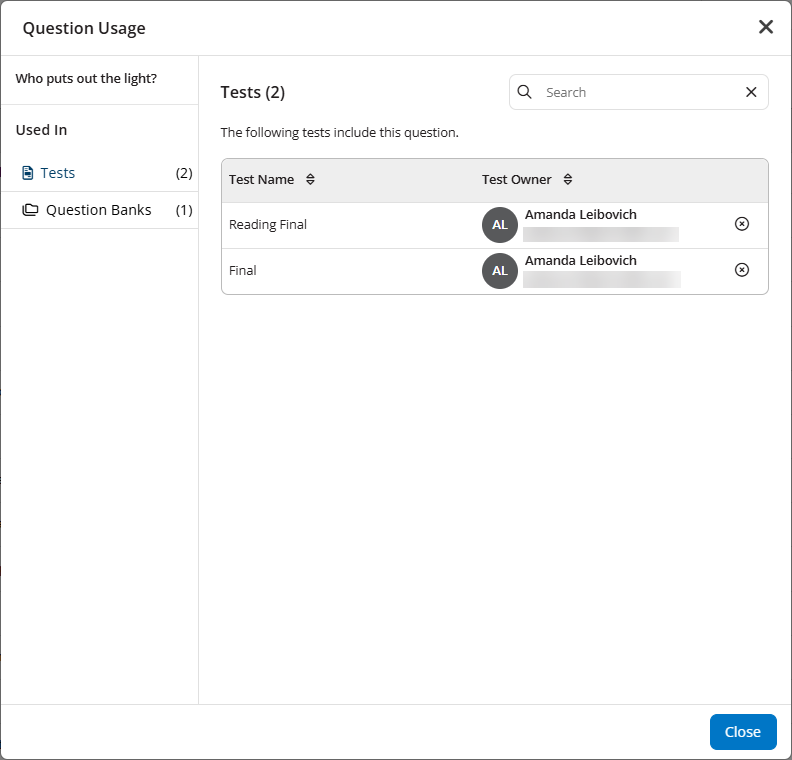 The Question Usage showing the number of tests and question banks the question is used on