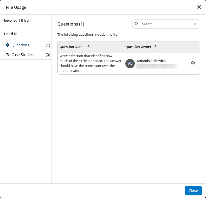 The File Usage modal showing the number of questions and case studyies or  and question banks the question is used on