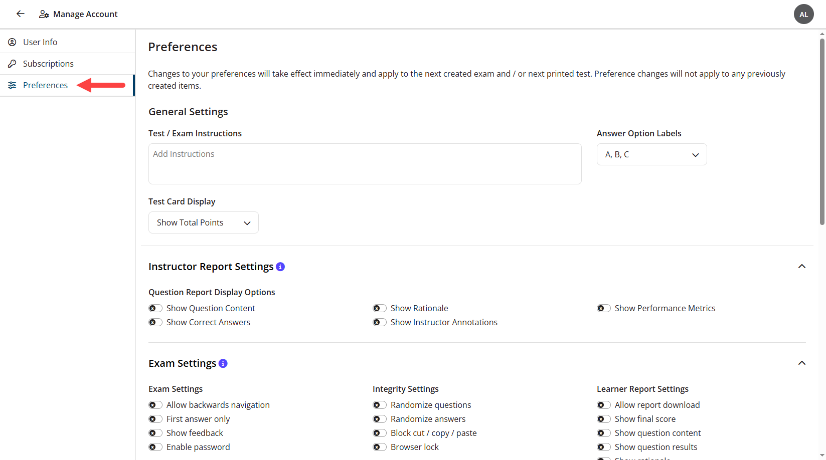 Preferences tab of Manage Account identified as described