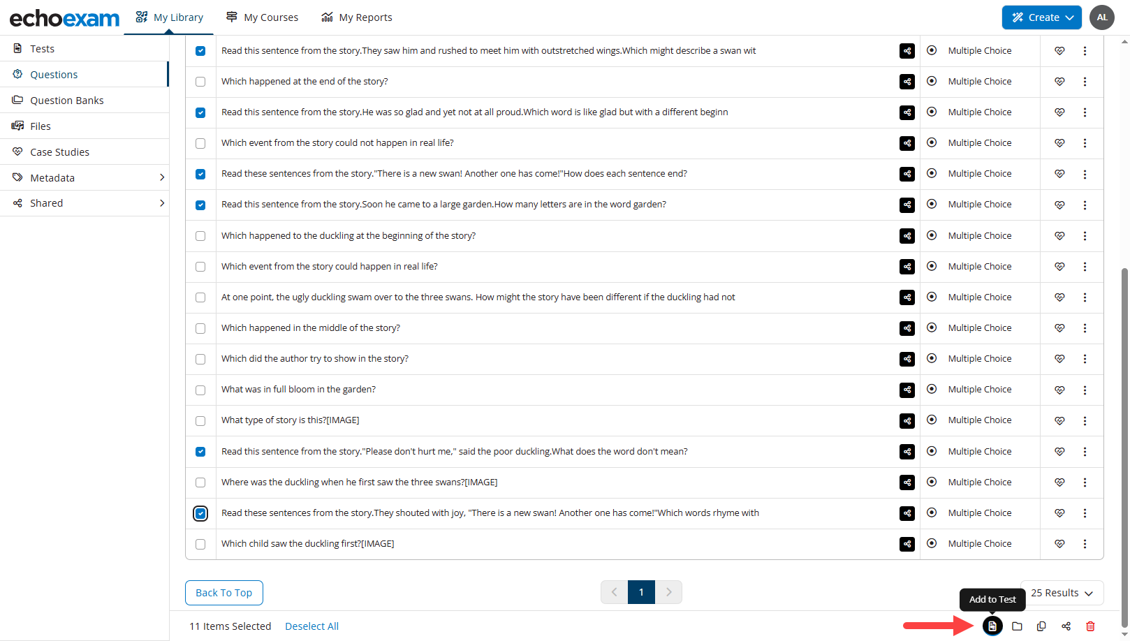 The Questions tab of My Library with multiple questions selected and the bulk action Add to Test button identified as described