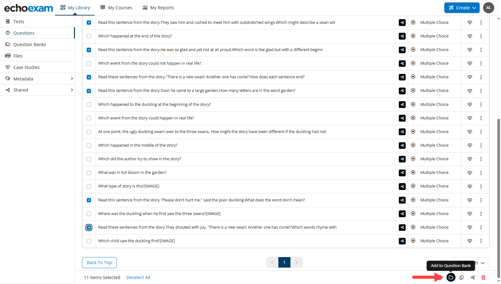 The Questions tab of My Library with multiple questions selected and the bulk action Add to Question Bank button identified as described