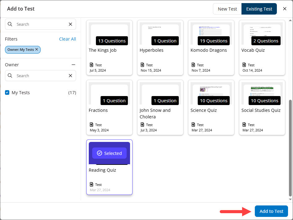 The Add to Test modal with Existing selected and a test chosen with the Add to Test button identified as described