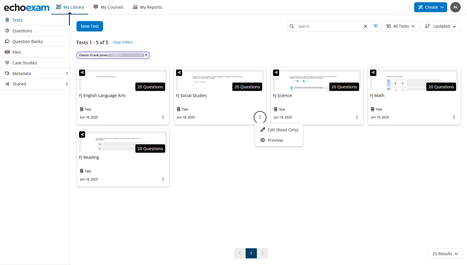 Tests tab showing the selected user’s content as described