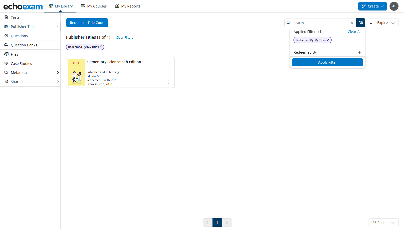 Publisher Titles tab showing the faceted filters option expanded and My Titles showing as default