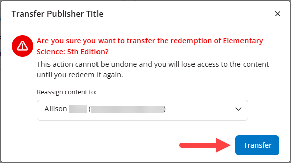 Transfer Publisher Title modal showing a user in the dropdown and the Transfer button as described