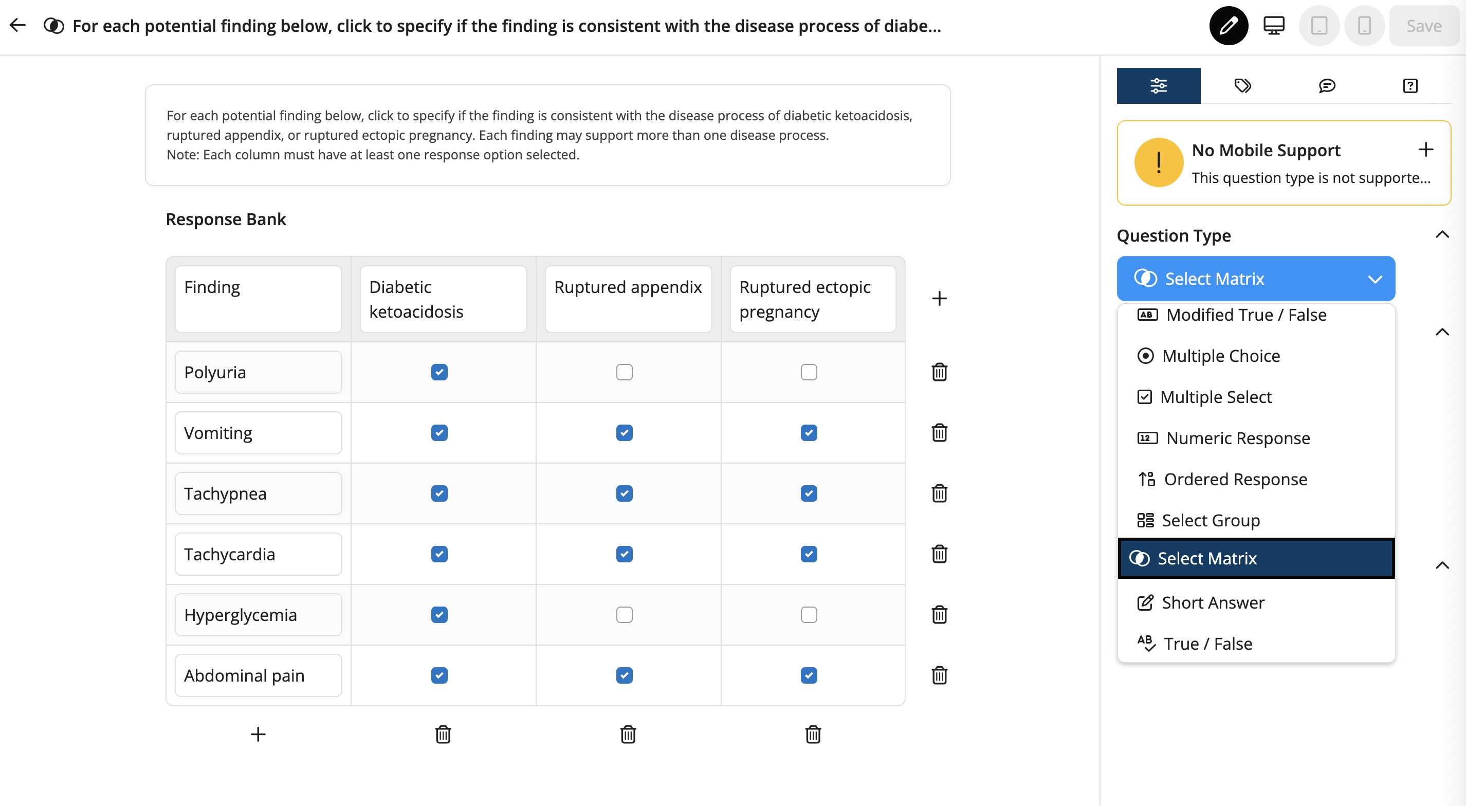 A Select Matric question with the Question Type dropdown expanded