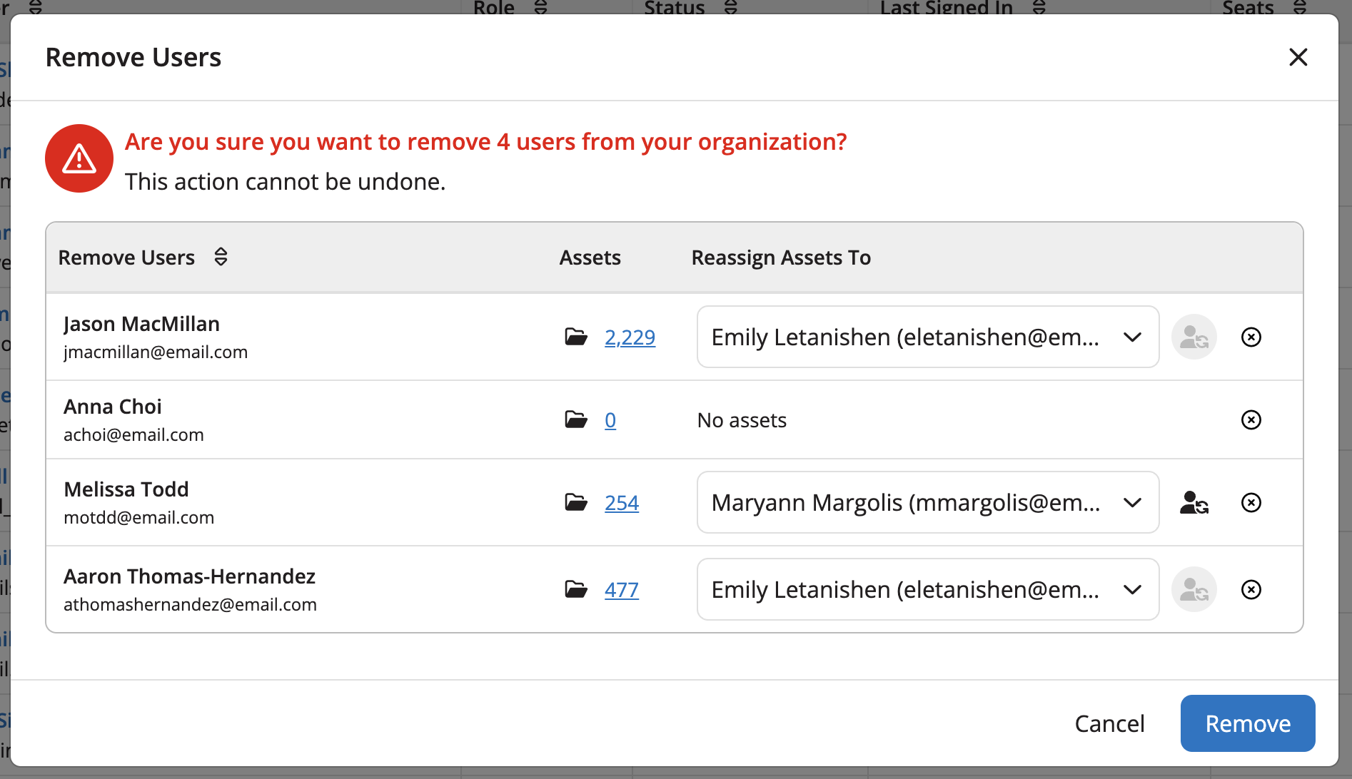 Remove Users modal showing the ability to reassign content to another user