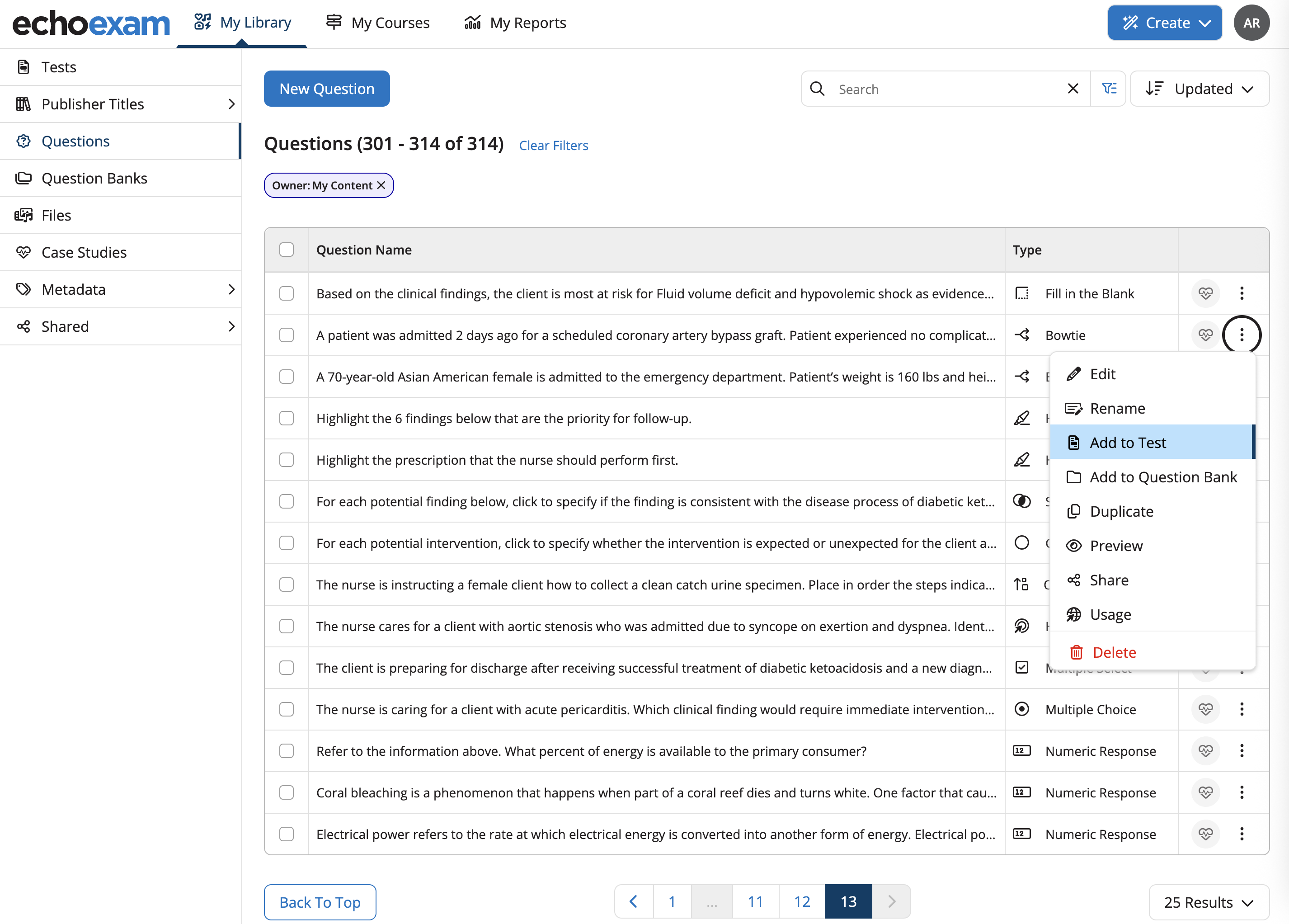 The Questions tab showing the vertical action menu of a question with the Add to Test option selected