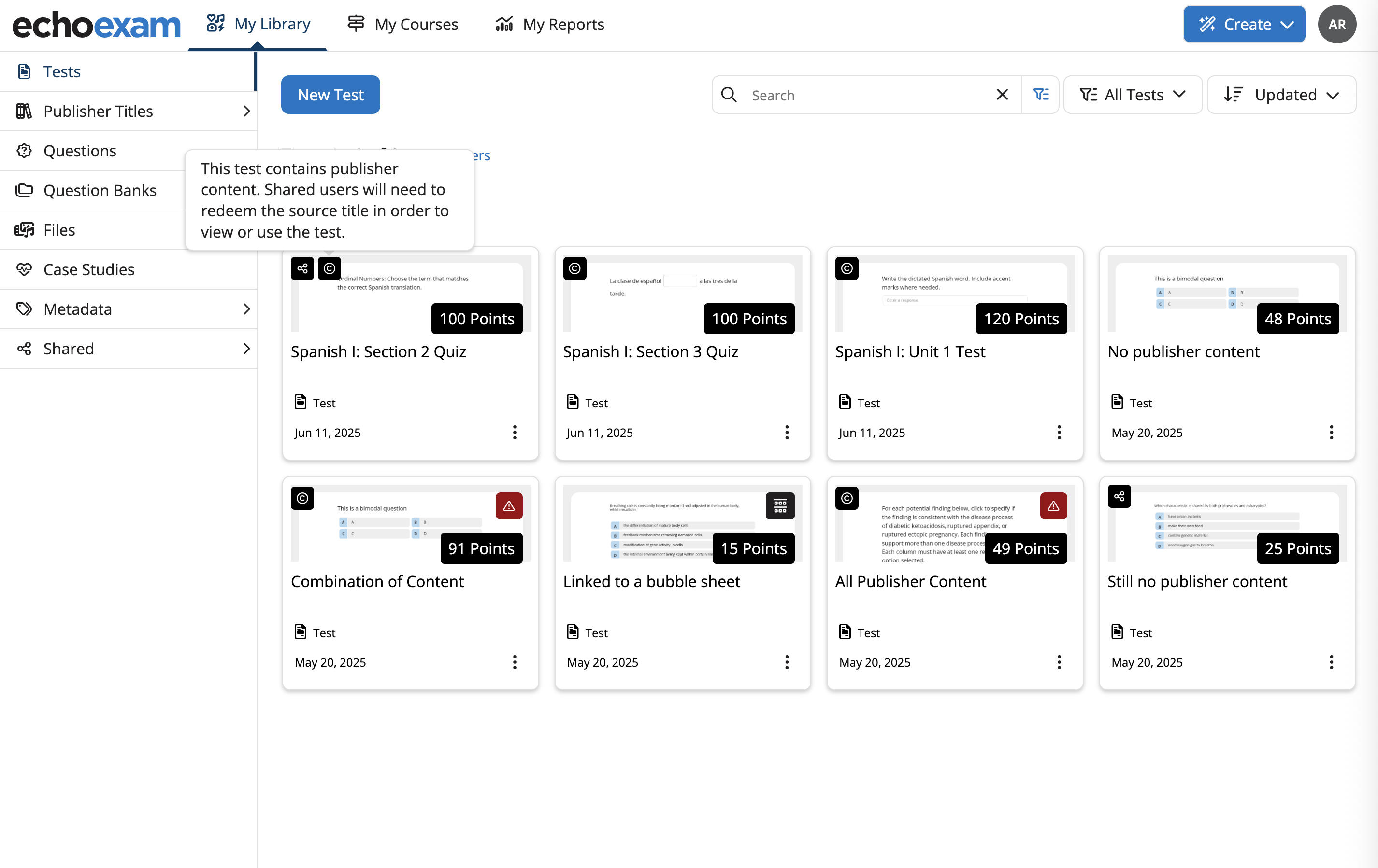 Available tests showing a message that appears when a test contains publisher content