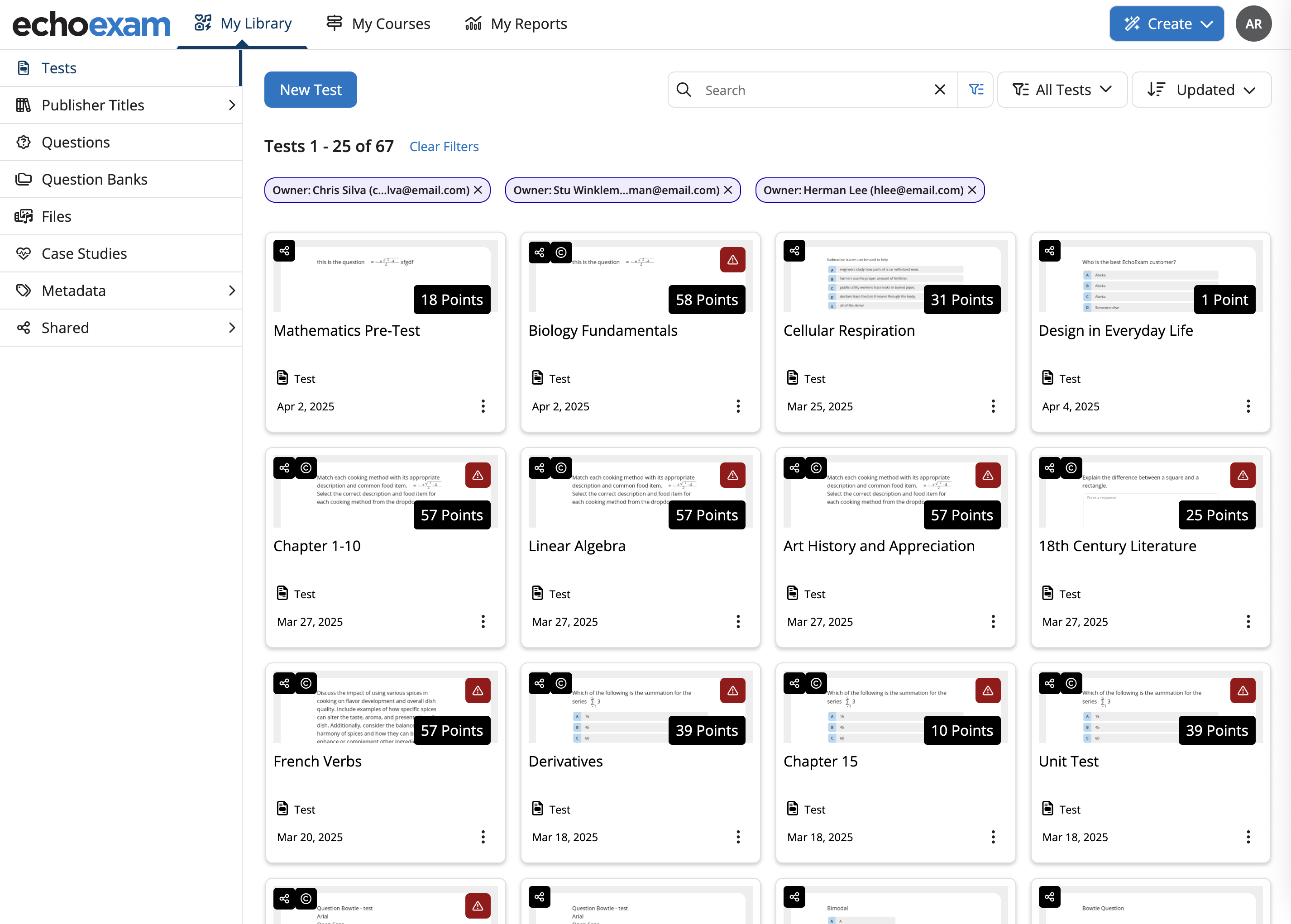 The Tests tab showing selected instructors content to an Org Admin.