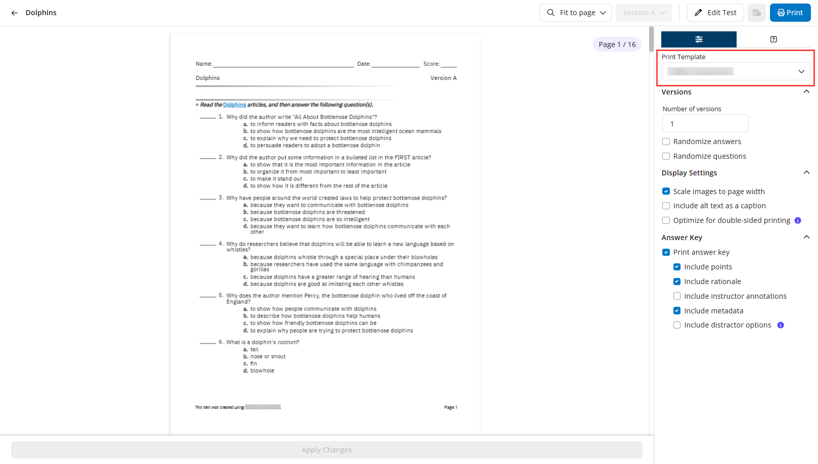 A test that includes publisher content open to the Print Test window with the Print Template identified as described