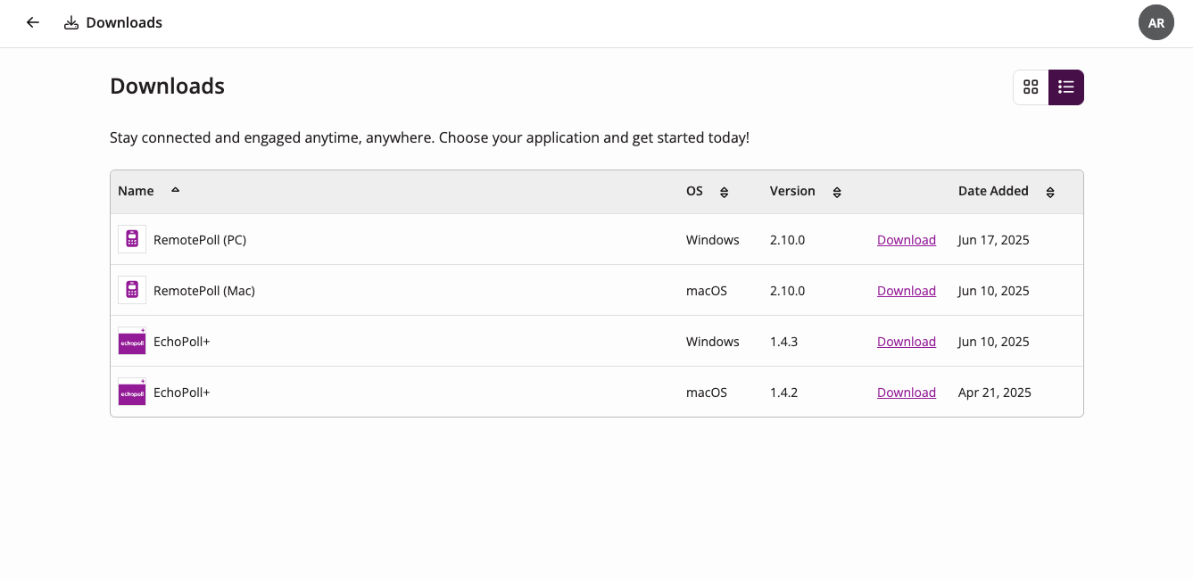 Downloads page showing all available options