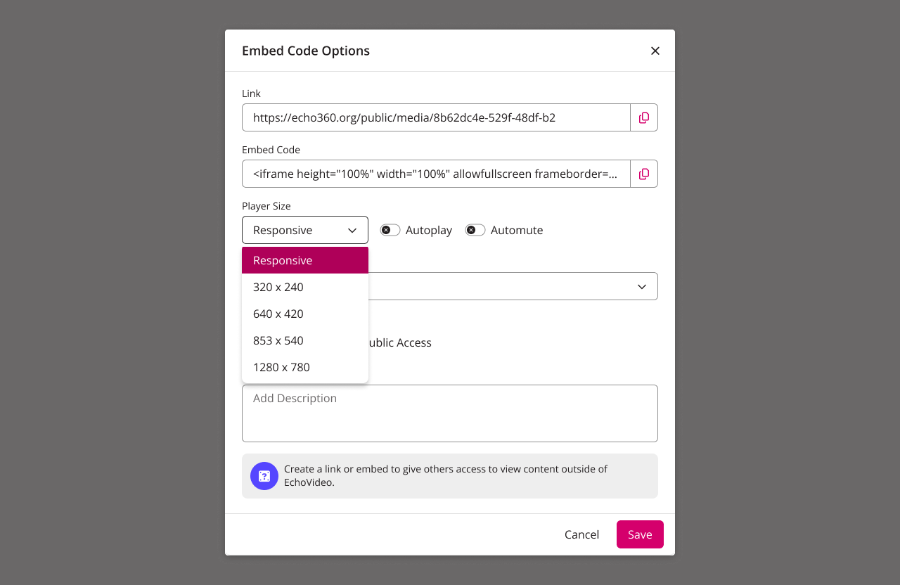 Embed Code Options modal showing Responseive selected from the Player Size dropdown as described