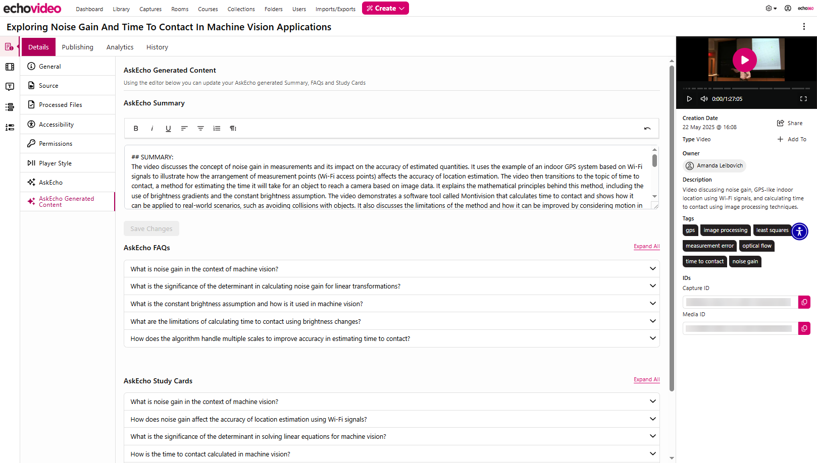 AskEchoGenerated tab showing generated AskEcho Summary, AskEcho FAQs, and AskEcho Study