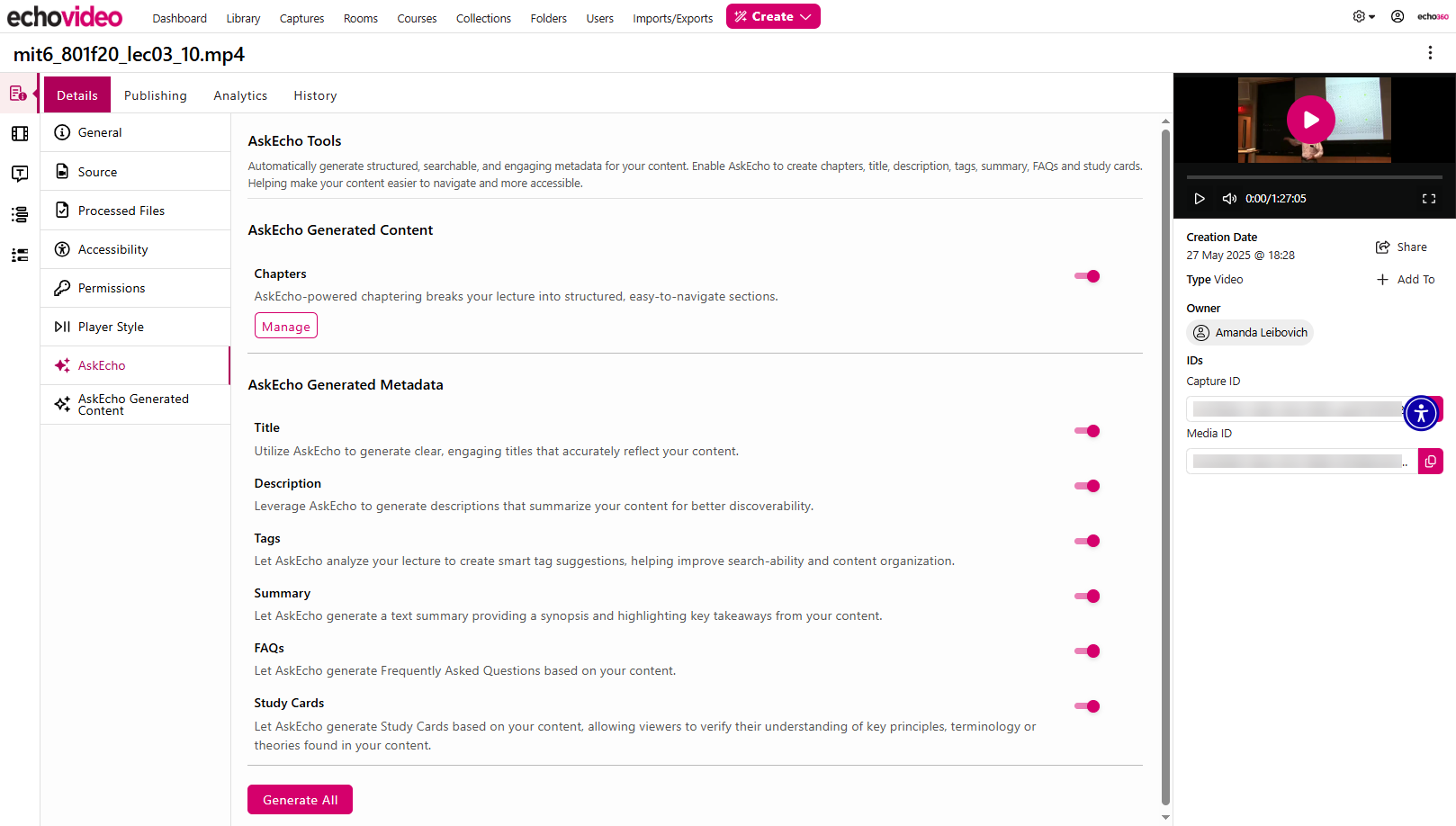 AskEcho tab showing all available options toggled on before clicking Generate All