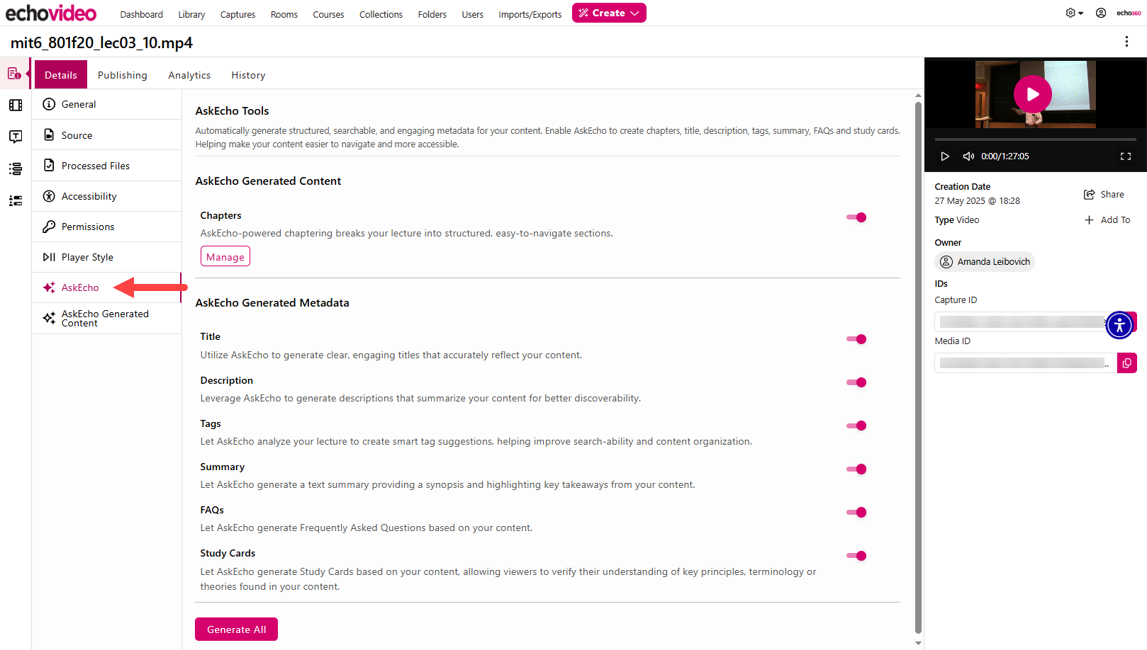 AskEcho menu of the Details tab under Media Details identified as described