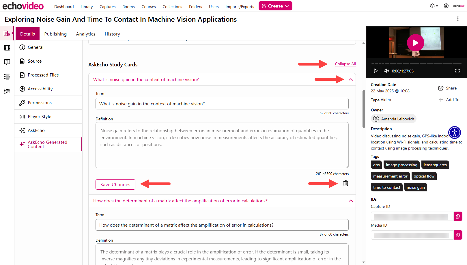 The AskEcho Generated Content tab showing an expanded Study Card and the available actions identified