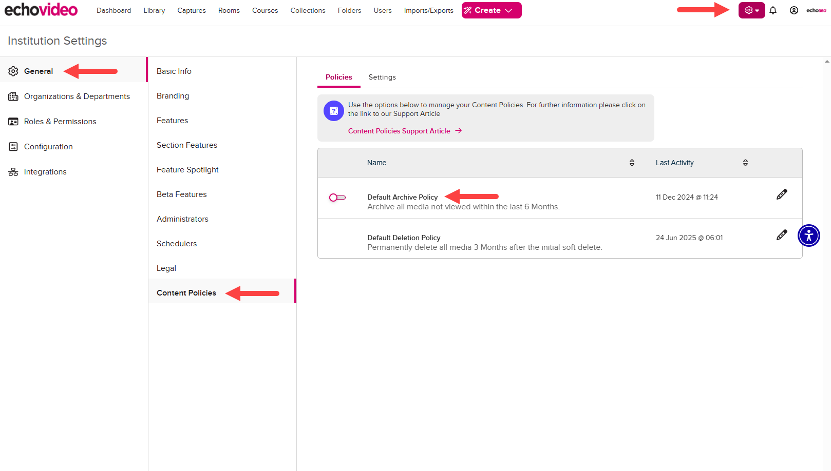 Institution Settings open to Content Policies with Archive toggle turned off as shown by the steps described