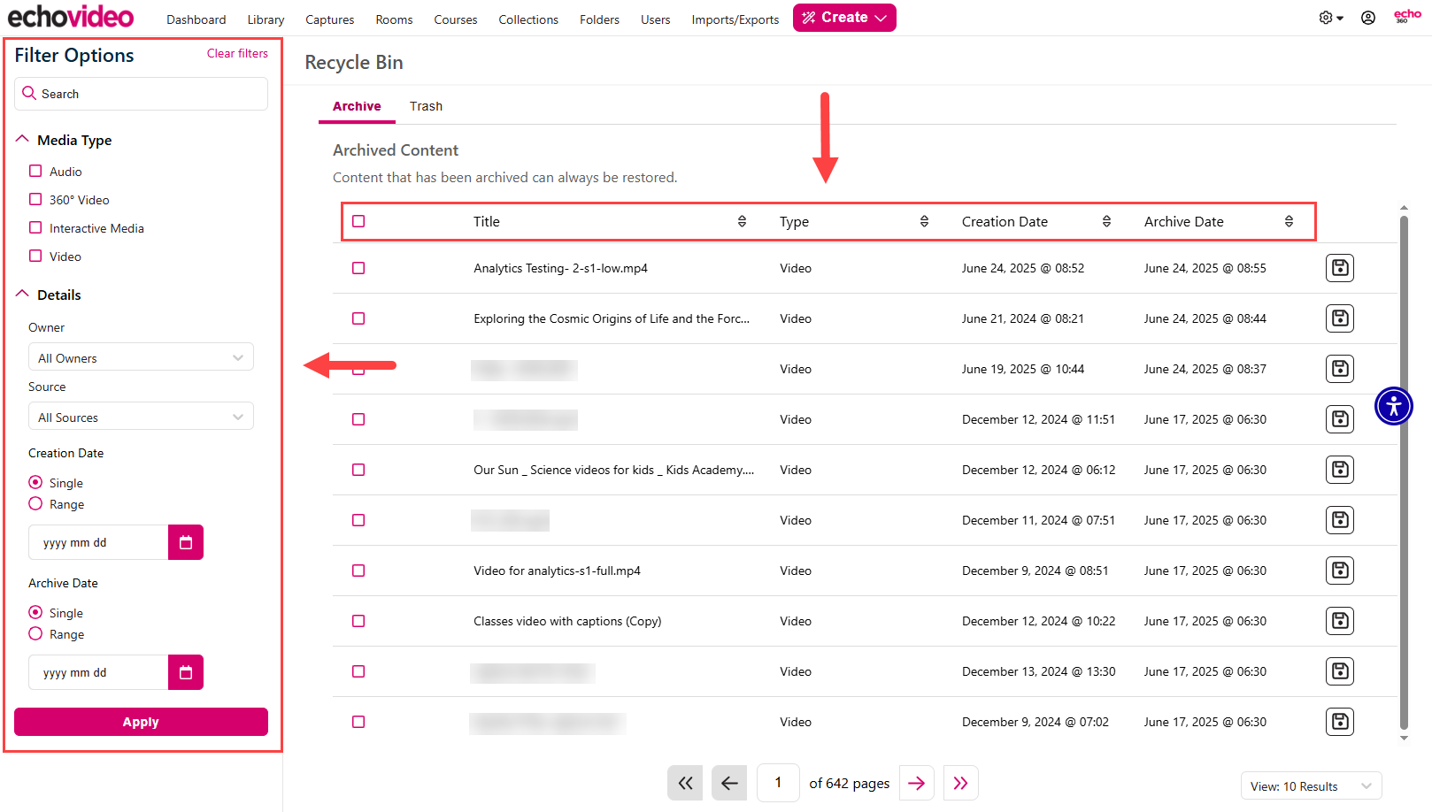 Archived Content list and the Status bar and the Search/Filter panel identified as described
