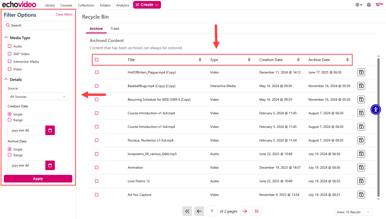 Archived Content list and the Status bar and the Search / Filter panel identified as described