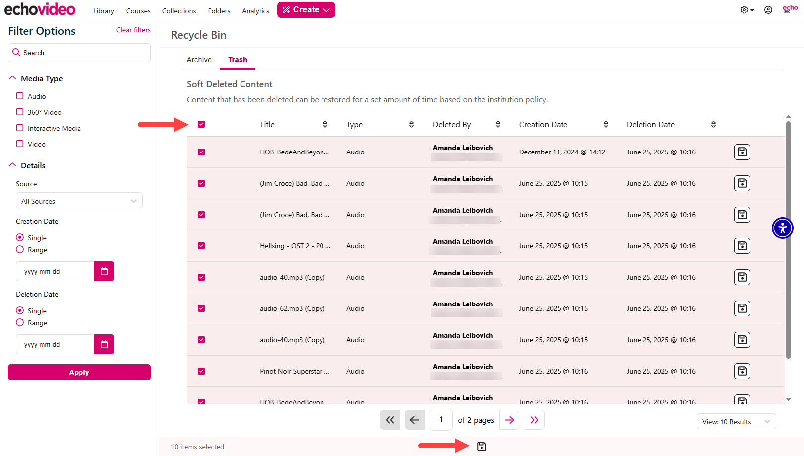 Mulitple pieces of media selected with bulk Restore icon identified as described