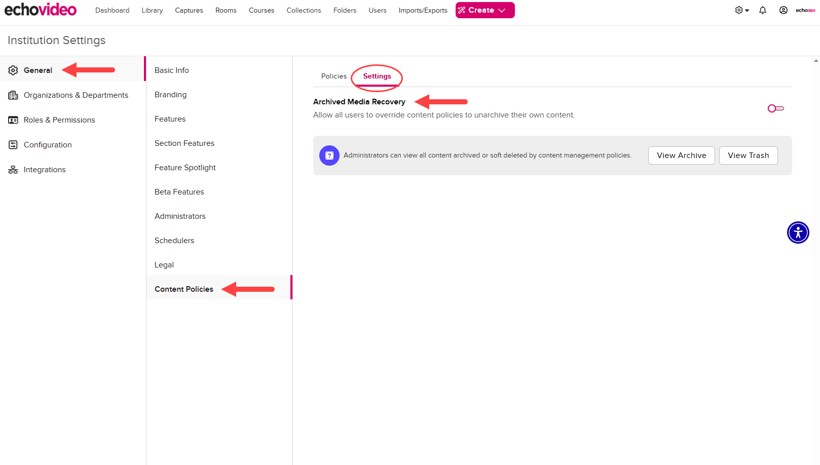 Institution Settings open to Content Policies then Settings with Allow Users to Unarchive Content toggle disabled as shown by the steps described