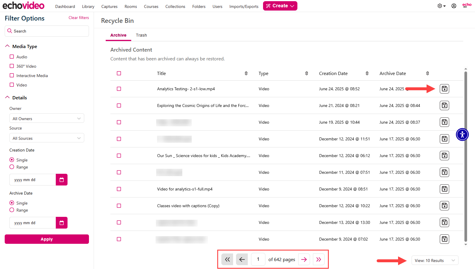 Paging controls, View Results dropdown, and Restore button as described