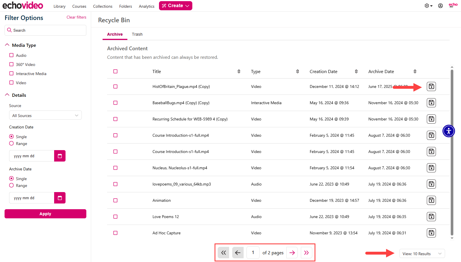 Paging controls, View Results dropdown, and Restore button as described