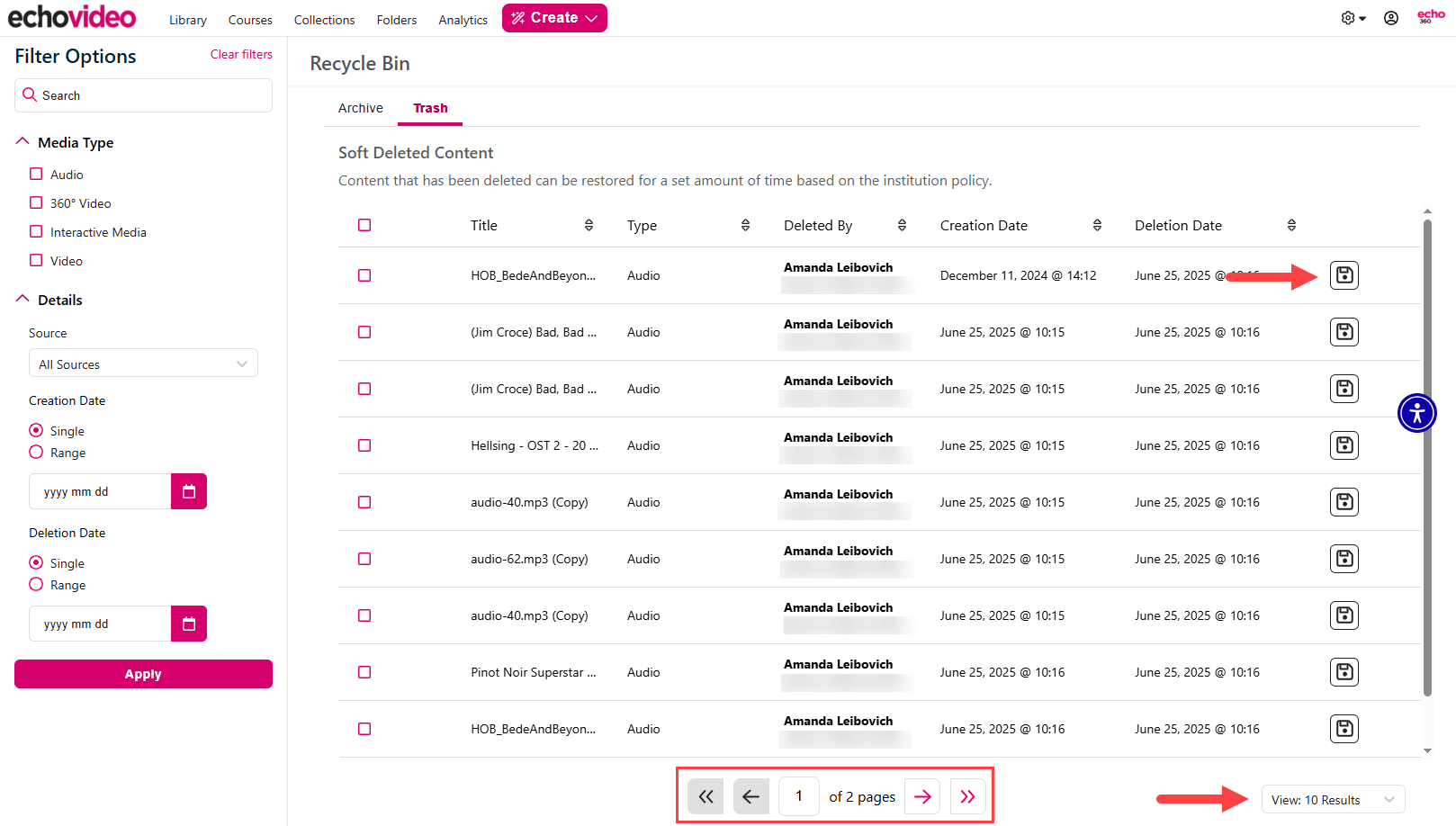 Paging controls, View Results dropdown, and Restore button as described