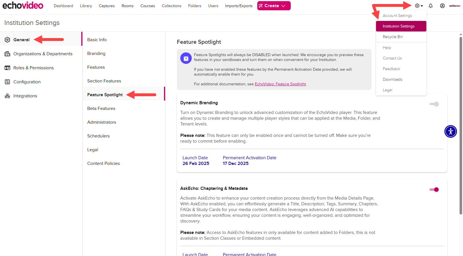 Institution Settings showing the Feature Spotlight page for an Organization
