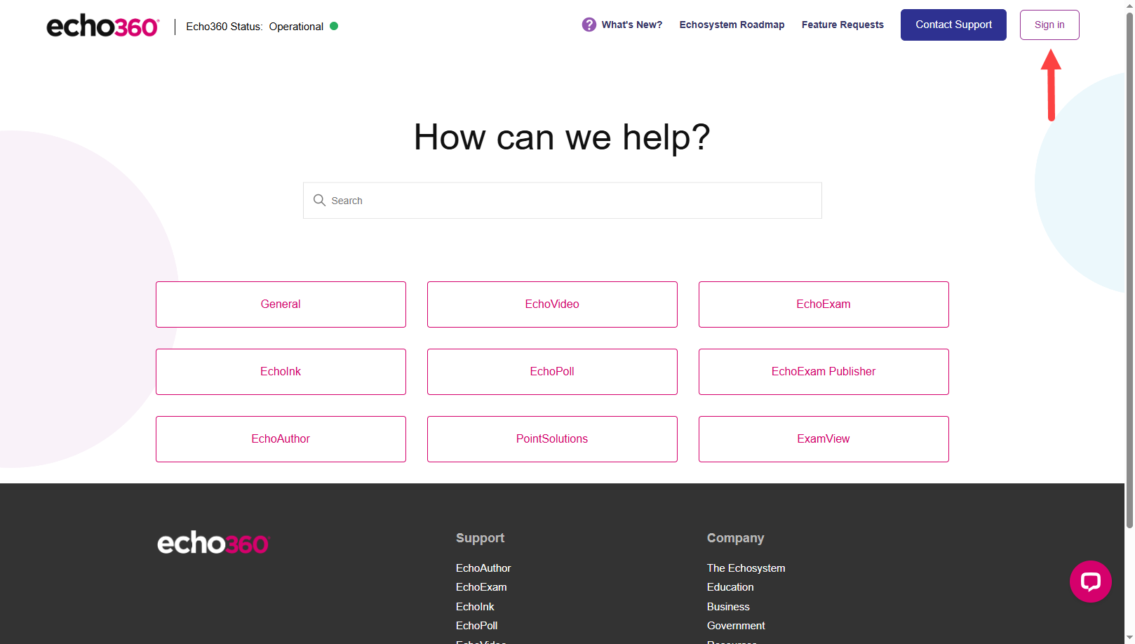 The Echo360 support page with the Sign In button identified