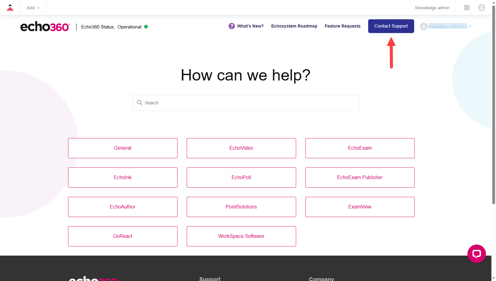 The Echo360 support page with the Contact Support button identified