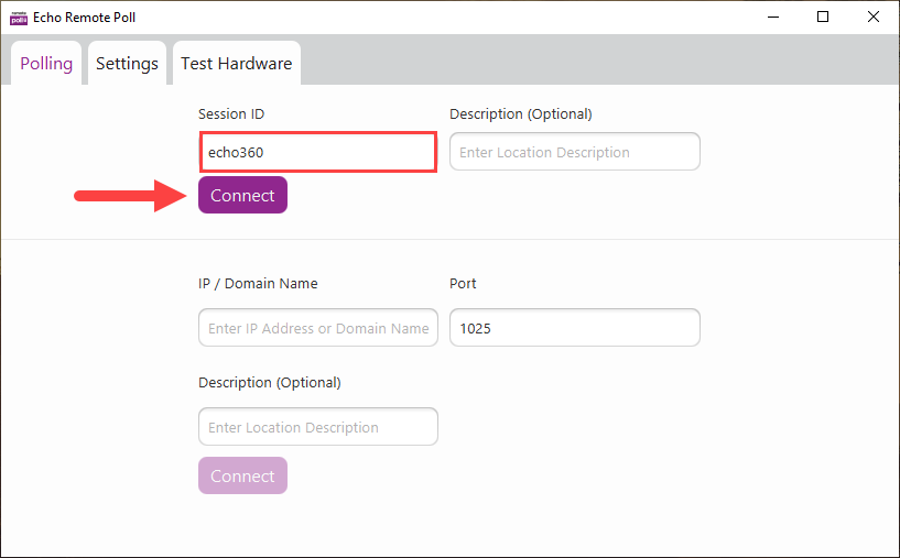 RemotePoll open to the Polling tab with the Session ID box and Connect button identified as described