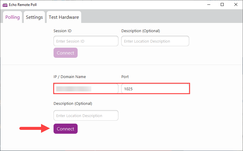 RemotePoll open to the Polling tab with the IP / Domain Name and Port Number box and Connect button identified as described