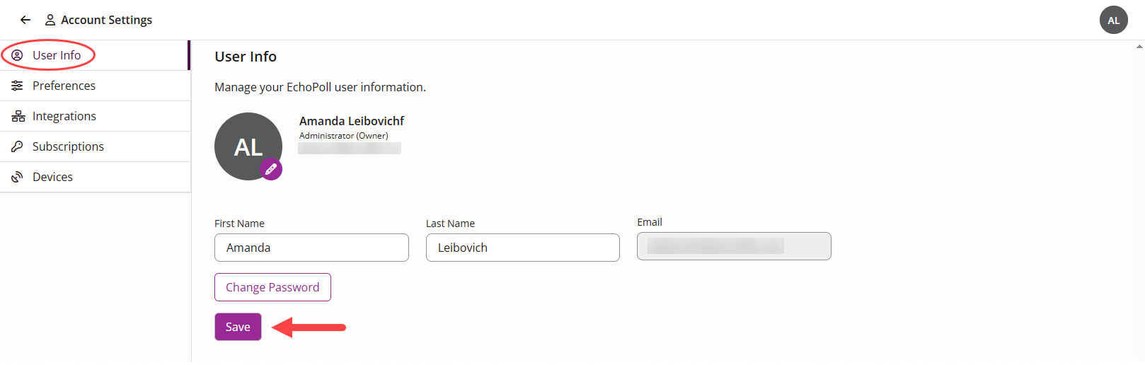 Edit user information with Save button identified as described