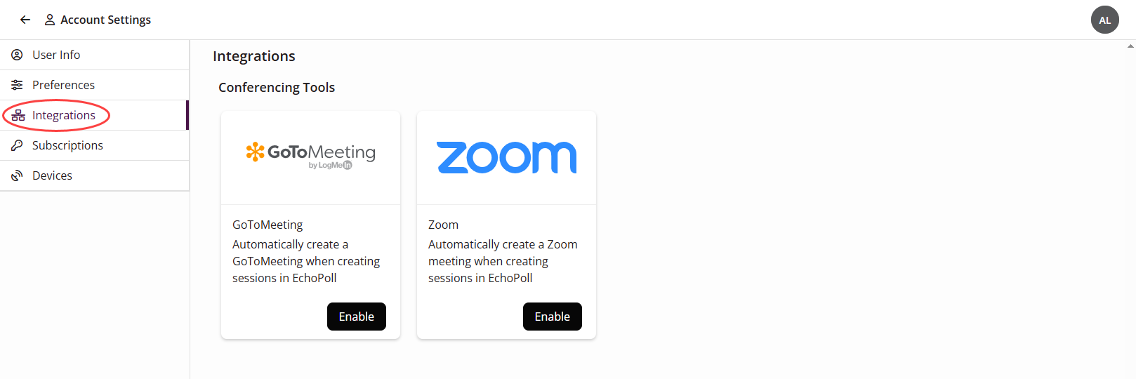 Integrations tab and available options identified as described