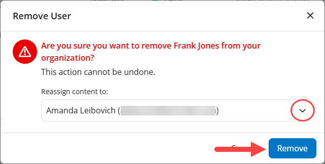 Remove User modal with reassign dropdown identified as described