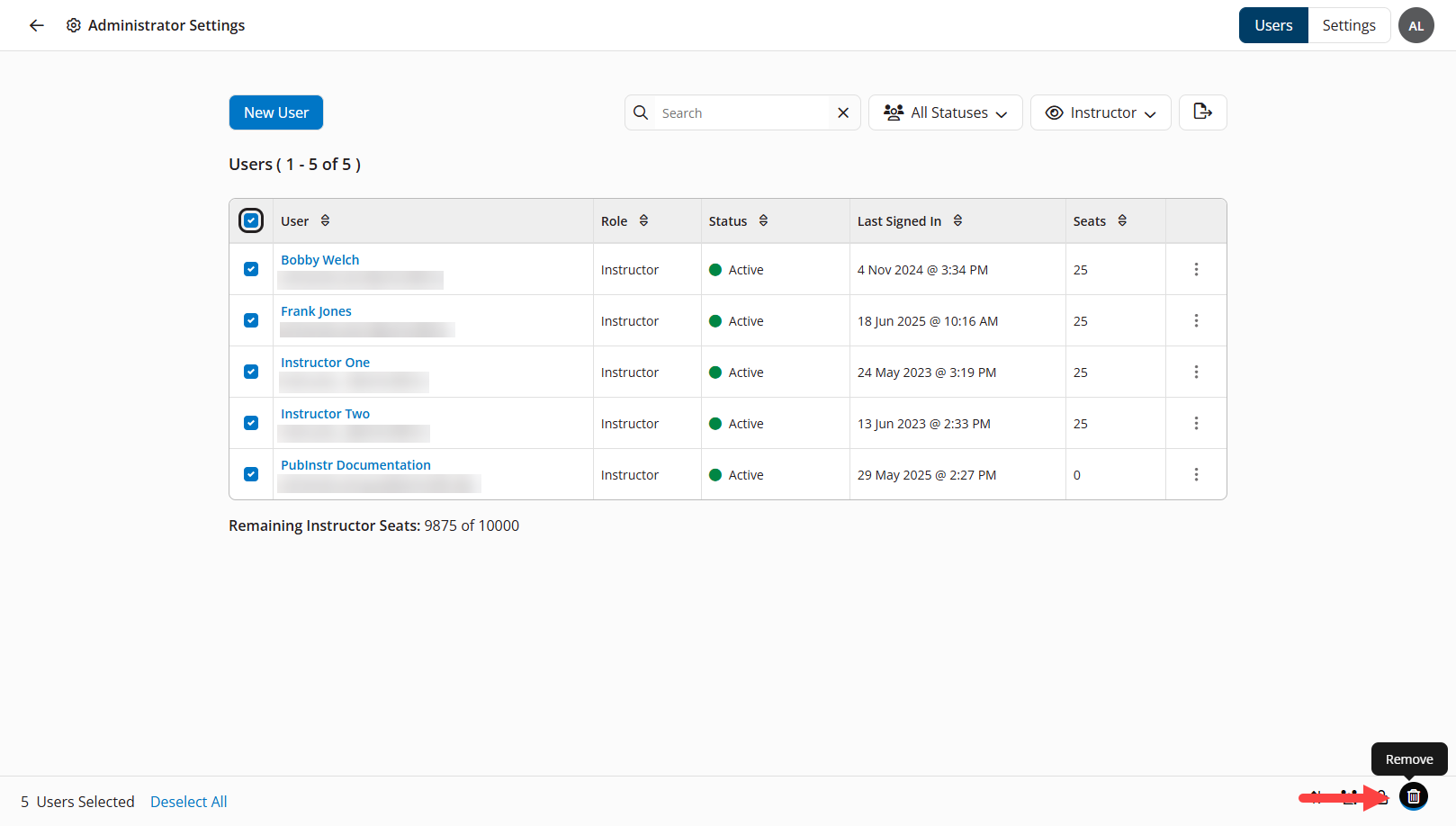 Multiple users selected with the bulk actions menu shown and Remove Users option identified