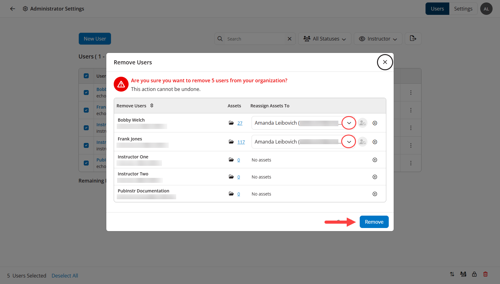 Remove Users modal with reassign content dropdowns and Remove button identified as described
