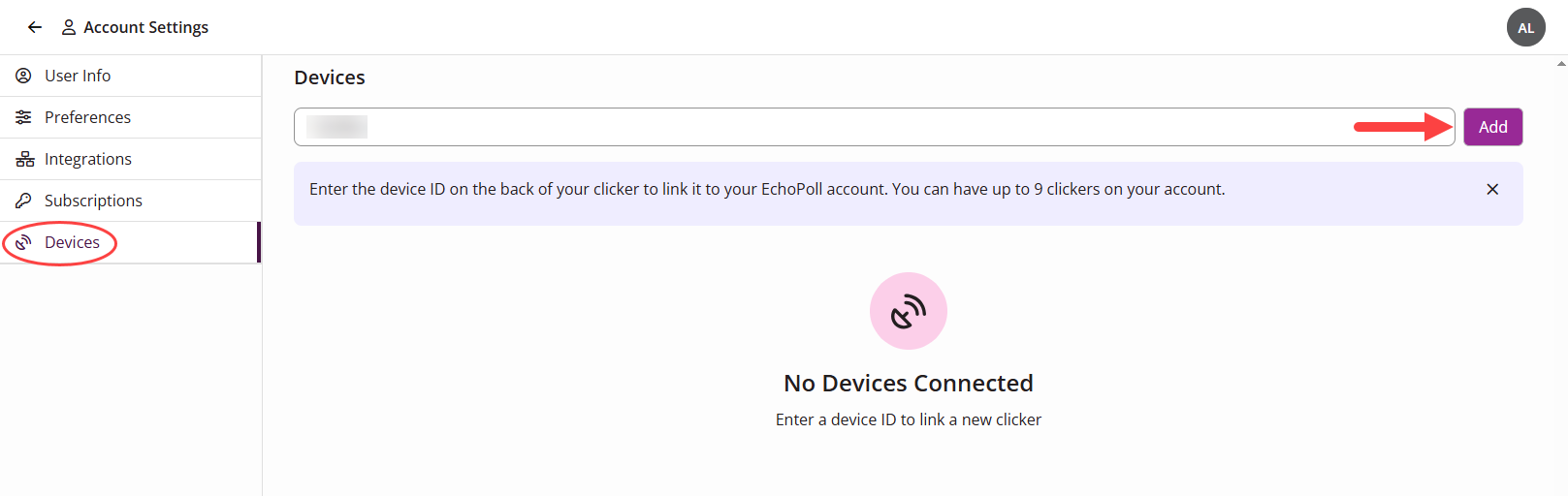 Devices tab and available options identified as described