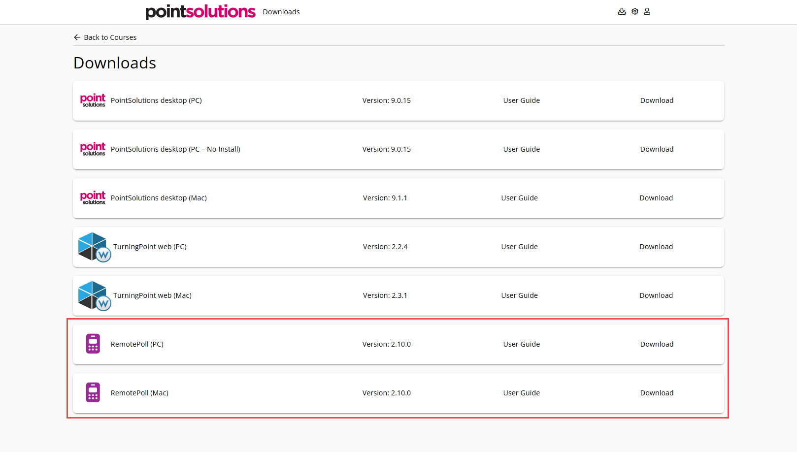 PointSolutions Downloads page with RemotePoll PC Download link identified as described