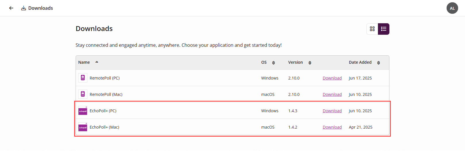 Downloads page with EchoPoll+ Downloads identified as described